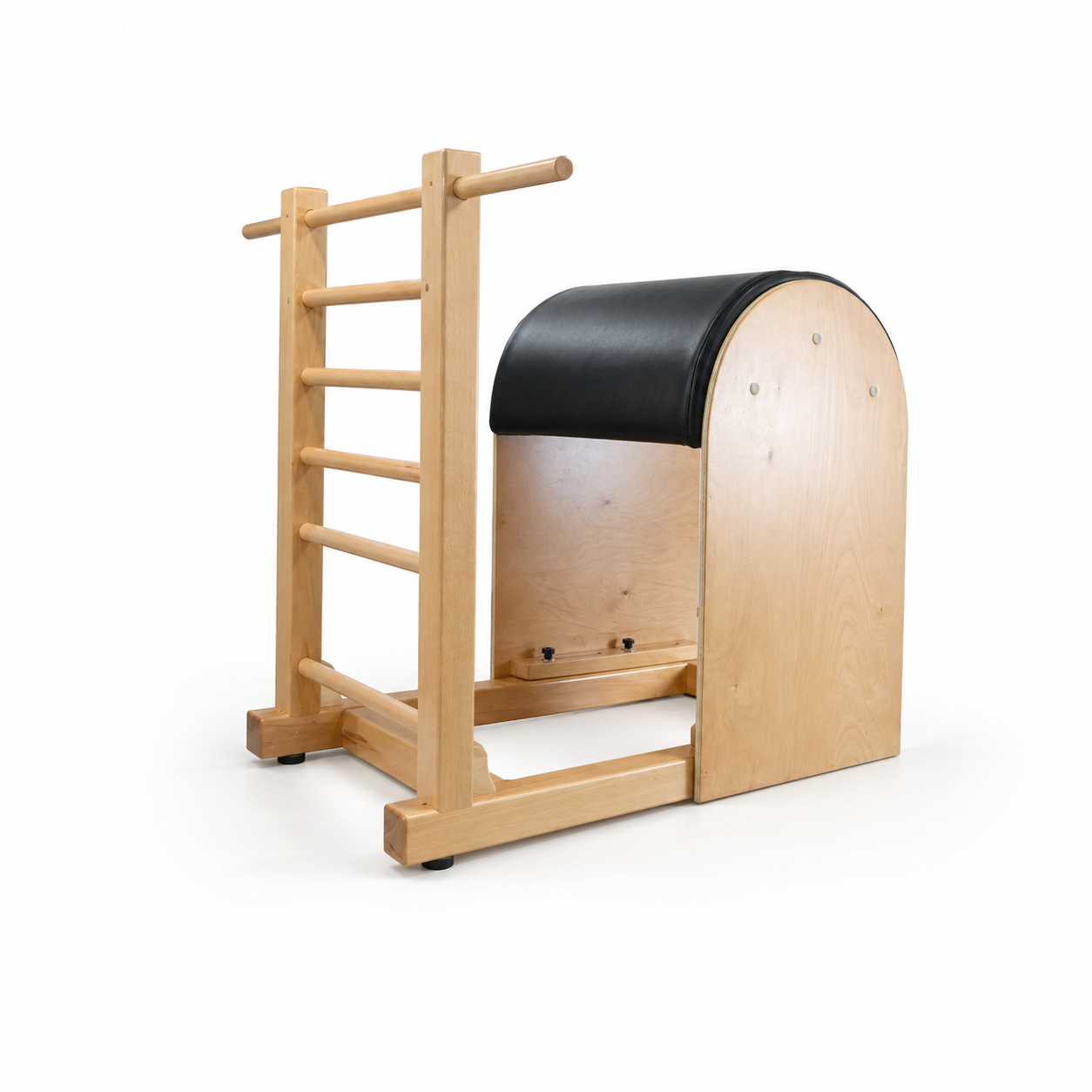 Bodylumina pilates drveni barrel s ljestvama i crnom tapeciranom potporom, profesionalna pilates sprava za istezanje leđa, mobilnost kralježnice, jačanje core mišića, korekciju posture i studio trening kod kuće.