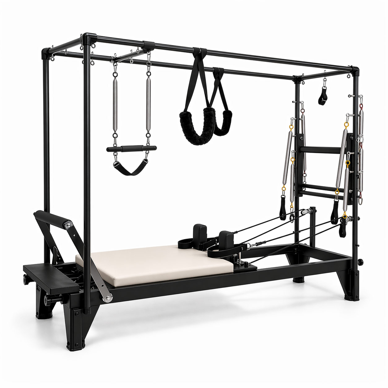 Bodylumina Premium čelični pilates combo reformer s crnom metalnom Cadillac konstrukcijom, bež kliznom platformom, oprugama, trakama i visećim dodacima, profesionalna pilates sprava za kompletan reformer i Cadillac trening, jačanje core mišića, istezanje, stabilnost, rehabilitaciju i oblikovanje tijela kod kuće ili u studiju.