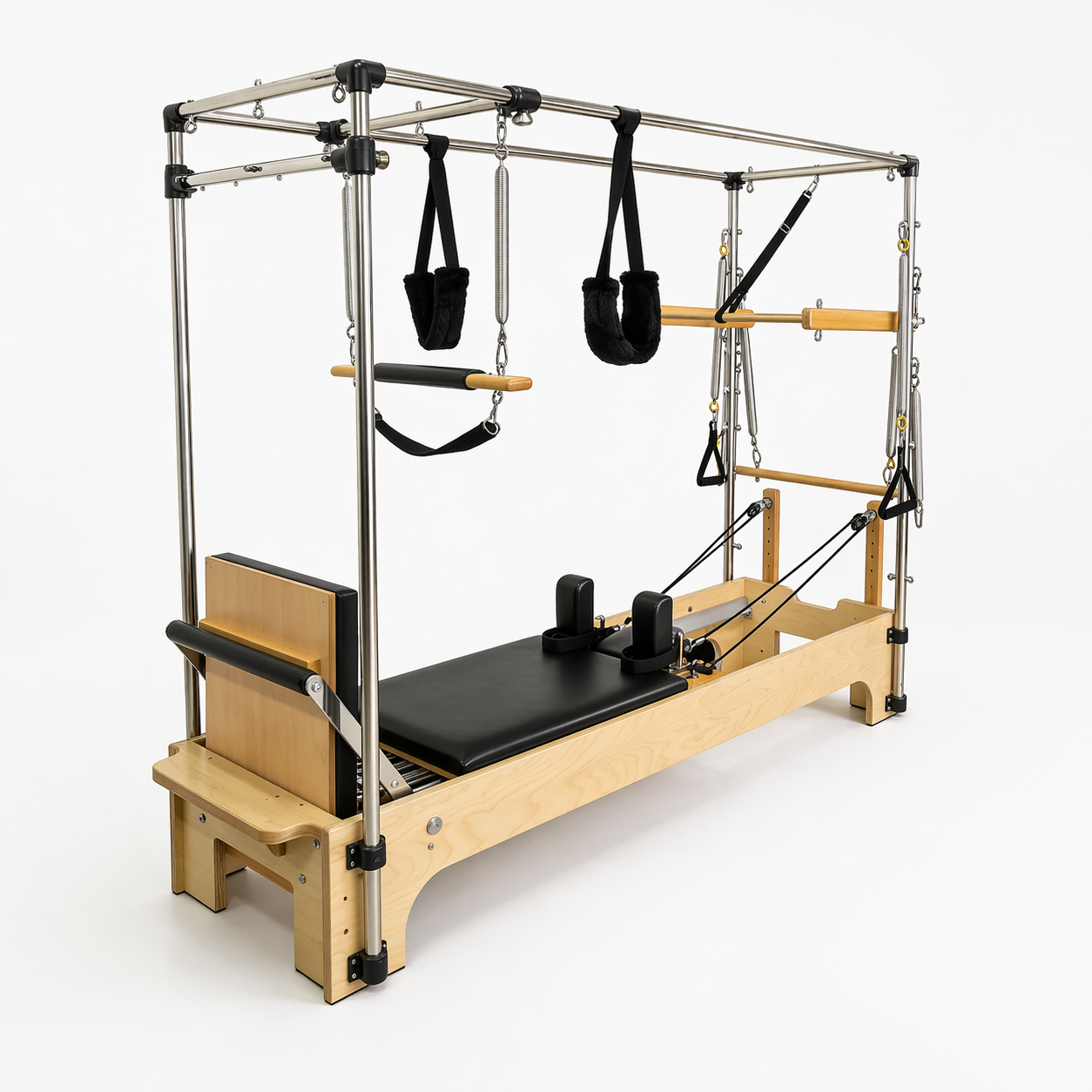 Bodylumina Premium Gold pilates combo reformer s drvenim okvirom, Cadillac konstrukcijom, metalnim tornjem, oprugama, trakama i visećim dodacima, profesionalna pilates sprava za kompletan reformer i Cadillac trening, jačanje core mišića, istezanje, stabilnost, rehabilitaciju i oblikovanje tijela kod kuće ili u studiju.